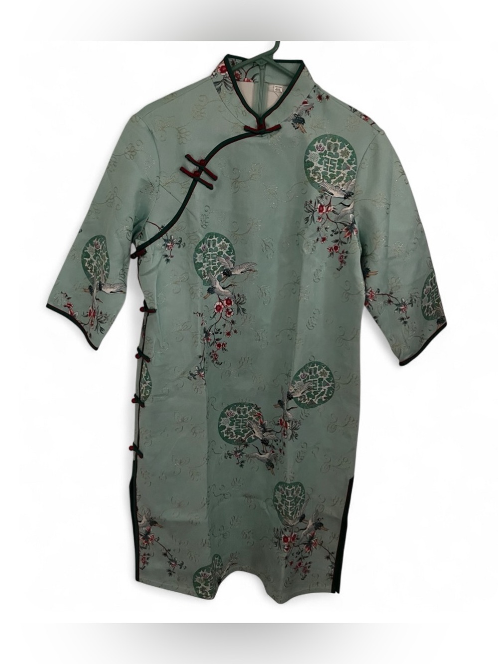 Mint Green Floral Cheongsam Midi Dress in Suede-like Fabric